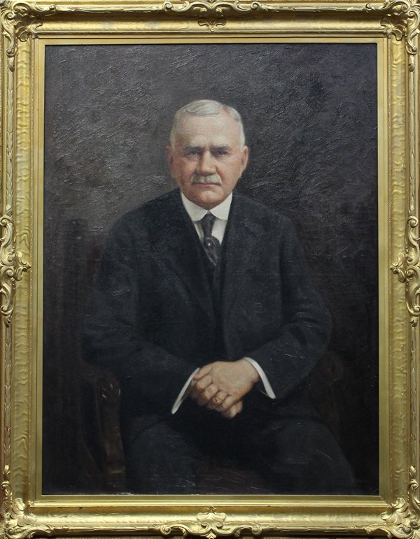 Painting, Portrait of Amadeo P. Giannini: Framed oil on canvas, Portrait of Amadeo Pietro Giannini (1870-1949) - Founder of Bank of America, circa 1930s, signed ''Williams'' lower right, canvas: 40''h x 30''w, overall: 48''h x 37.5''w