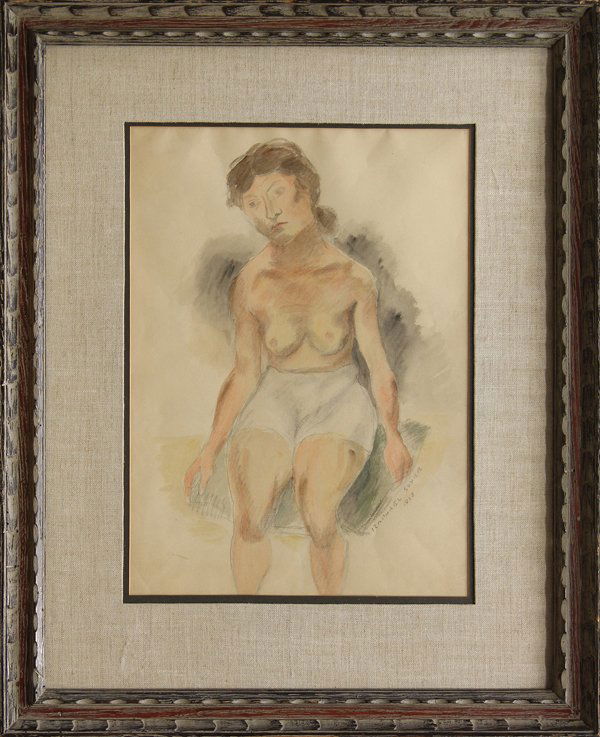 Watercolor, Raphael Soyer: Framed watercolor and pencil, Seated Nude, 1928, by Raphael Soyer (American, 1899-1987), signed and dated lower center right, sight: 18''h x 13''w, overall: 28.75''h x 23.25''w