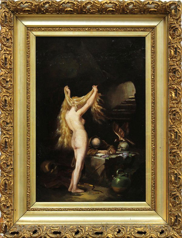 Painting, Temptation of St. Anthony, circa 1850: Framed oil on panel, Temptation of St. Anthony, circa 1850, German School (19th century), unsigned, panel: 14''h x 19''w, overall: 20''h x 15''h