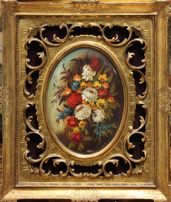 Pair of paintings by Jan Holt: (lot of 2) Pair of framed oils on panel, Still life with Flowers & Landscape with Figure by a Castle, Continental School (19th century), each signed ''Jan Holt'' lower center, overall (each): 12.5''h 