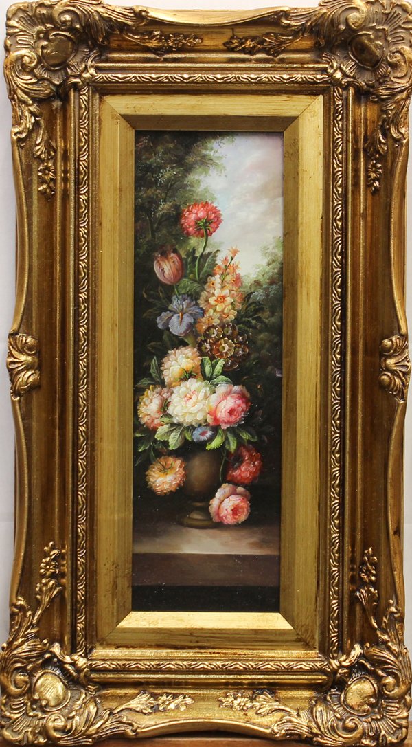 Pair of Floral Still Lifes: (lot of 2) Pair of oils on panel, Floral Still Lifes, Continental School (20th century), unsigned, overall (each): 18''h x 10''w