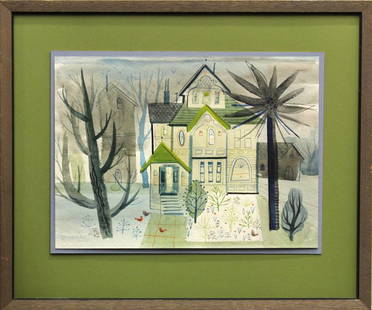 Watercolors, possibly by Ellwood Graham: Framed watercolors, Factory Scene & Landscape with House, 1953, possibly by Ellwood Graham (Californian, 1911-2007), both bear signature and dated lower right/left, largest overall: 34.5''h x 28.5''w