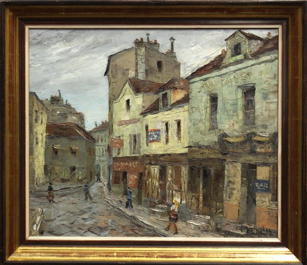 Painting, Monmartre, manner of Utrillo: Framed oil on canvas, Monmartre Street Scene, circa 1930, French School (20th century)/manner of Maurice Utrillo (French, 1883-1955, signed indistinctly ''Nargiy(?)'' lower right, canvas: 18''h x 21.7