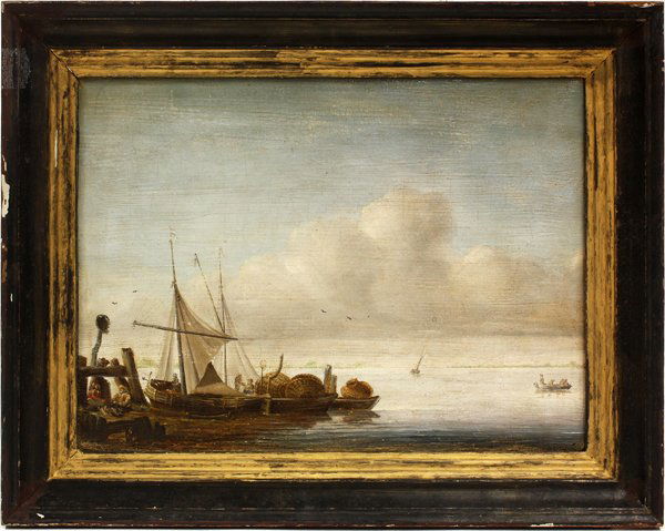 Painting, Dutch School, 18th century: Framed oil on canvas, Harbor Scene wtih Fishing Boats and Figures, Dutch School (18th Century), unsigned, canvas: 10.25''h x 13.75''w, overall: 13.5''h x 17''w