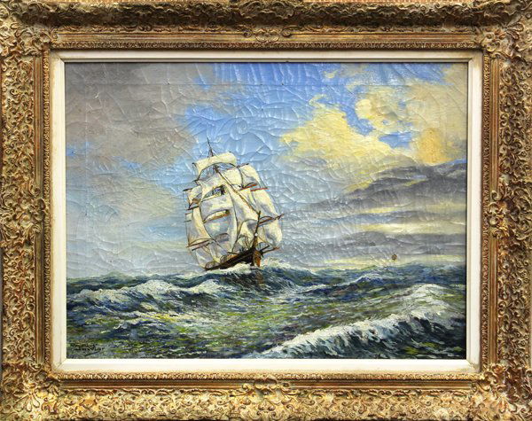 Painting, Vordanus van der Vliet, Ship in Open Wa: Framed oil on canvas, Ship in Open Waters, signed ''Vordanus van der Vliet'' lower right, canvas: 18''h x 24''w overall: 25''h x 31''w