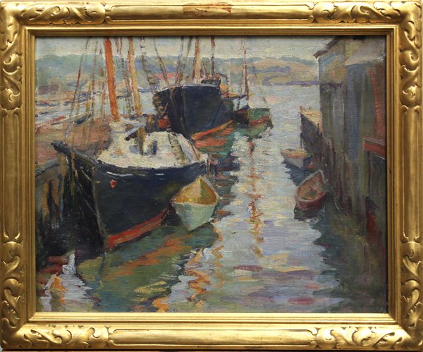 Painting, Continental School, 20th century: Framed oil on canvas, Colorful Harbor Scene, Continental School (20th century), canvas: 16''h x 20''w overall: 19.5''h x 23.5''w