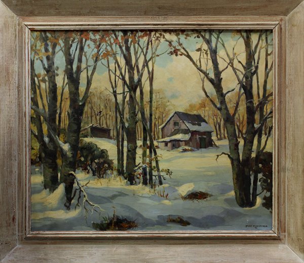 Painting, Robert Connavale, Winter Cabin: Framed oil on canvas, Snowy Cabin, 1944, by Robert Connavale (American, 20th century), signed and dated ''Robt. Connavale '44'' lower right, sight: 29''h x 35''w overall: 39''h x 45''w