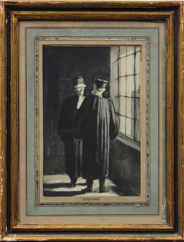 Lithographs, Honore Daumier, L'Attente a la Gare: (lot of 2) Framed lithographs, ''L'Attente à la Gare'' and ''Deux Avocats Discutant en la Palais de Justice,'' by Honoré Daumier (French, 1808-1879), one signed ''H. Daumier'' within the print upper