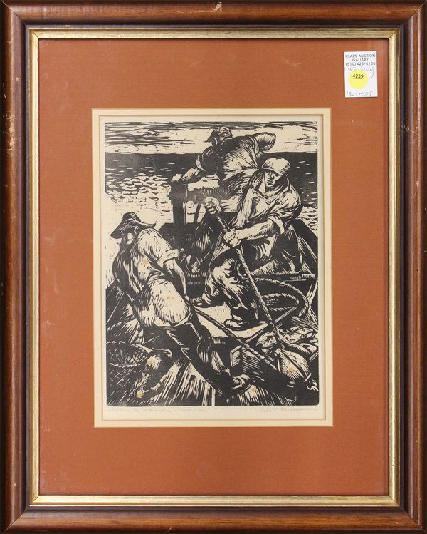 Woodcut, Robert Franz Von Neumann: Framed woodcut, Reeling in the Nets, by Robert Franz Von Neumann (American, 1888-1976), pencil signed and inscribed trial proof within lower margin, overall: 20''h x 17''w