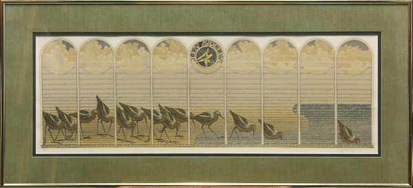 Lithograph, John P. Morgan, Les Avocets: Framed lithograph, ''Les Avocets,'' by John P. Morgan (American, 20th century), pencil signed lower right, pencil numbered edition of 300 lower left, overall: 18''h x 39.5''w