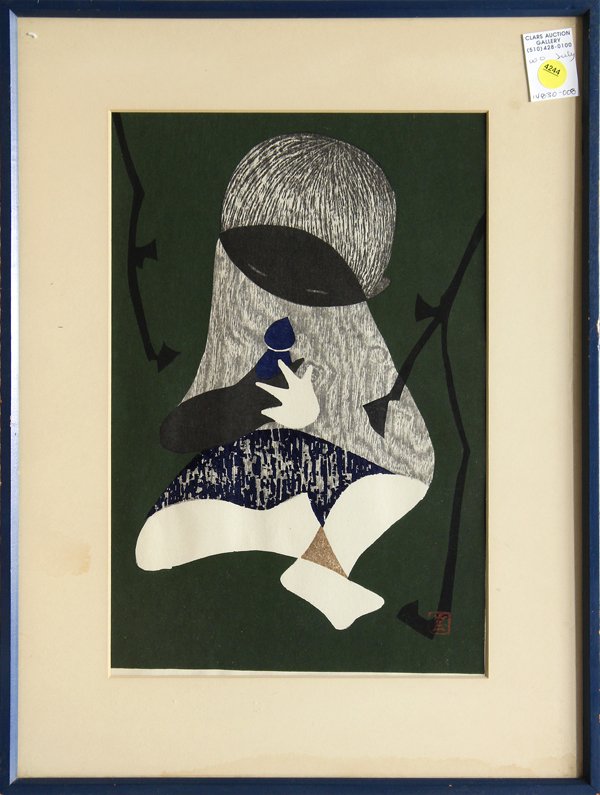 Woodcut, Kaoru Kawano, Conversation: Framed color woodcut, ''Conversation,'' by Kaoru Kawano (Japanese, 1916-1965), bears artist's seal lower right, overall: 20''h x 15.5''w