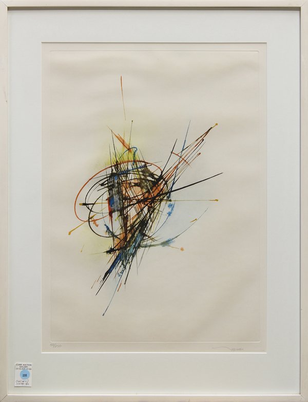 Color etchings, Leonardo Nierman, Abstract: Pair of framed color etchings, Untitled I and II, from ''Games of the Wind'' series, by Leonardo Nierman (Mexican, b. 1932), each pencil signed ''Nierman'' lower right, pencil numbered editions of 250