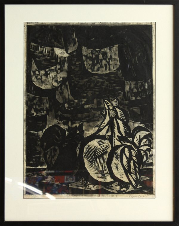 Japanese Sosaku Print, Kazumi Amano: Framed Japanese sosaku monochrome woodblock print, Cock Fight, signed in pencil Kazumi Amano (1927-2001) and dated 1959, overall: 20''h x 22.75''w