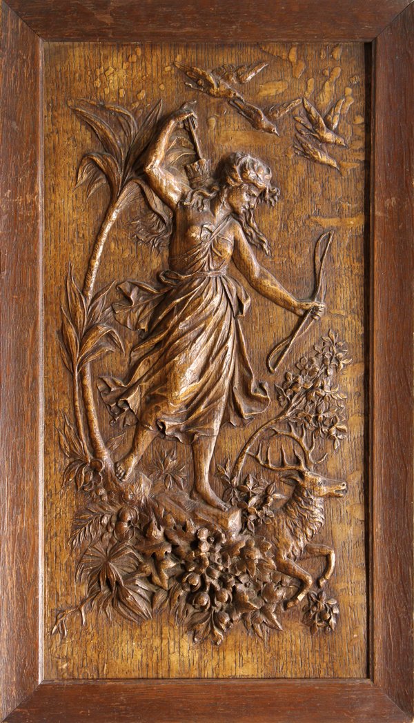 Carved wood reliefs, Continental School, 19th c.: (lot of 2) Pair of framed carved wood, wall reliefs, Classical Figures Fishing and Hunting, Continental School (19th century), unsigned, overall (each): 23.75''h x 13.75''w x 1.25''d