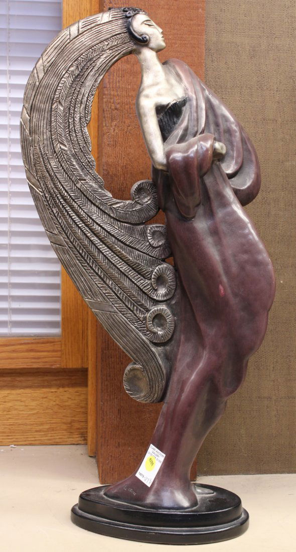 Sculpture, Art Deco Figure, manner of Erte: Patinated spelter sculpture, Art Deco Figure of a Lady, manner of Romain (Erte) De Tirtoff (Russian/French, 1892-1990), bears indistinct signature ''Le Clere(?)'' bottom left, overall: 25.5''h x 12.75