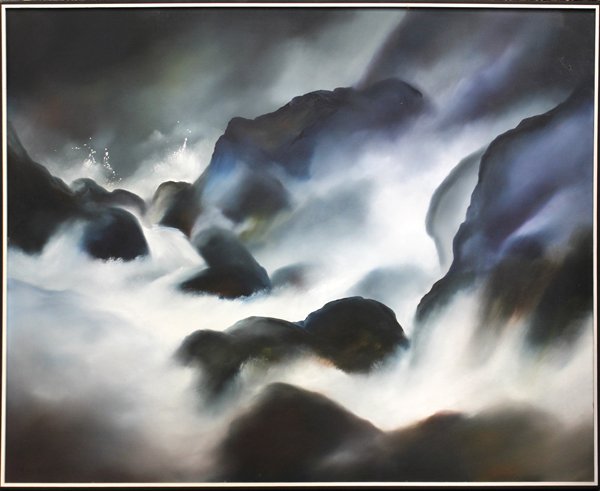 Painting, Kenneth Ray Wilson: Framed oil on canvas, Misty Rocks and Crashing Waves, by Kenneth Ray Wilson (Californian, 20th century), unsigned, overall: 49.25''h x 61.25''w