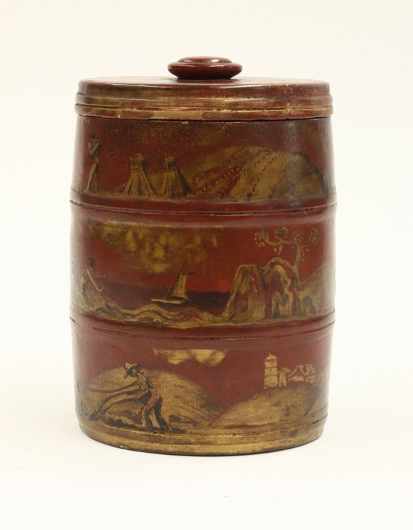 American Folk Art Barrel: American folk art hand decorated barrel form covered wood container, 20th century, finished in a red lacquer highlighted with gilt landscaping scenes, signed and dated K.M. Patton, 1935 on base, 8''h 