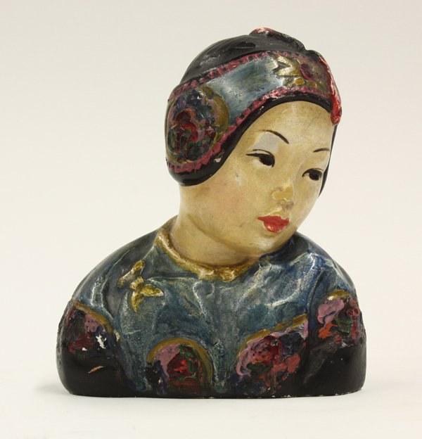 Esther Hunt Lotus Bud: Esther Hunt polychromed composition bust, ''Lotus Bud,'' signed on base, circa 1935, 7''h