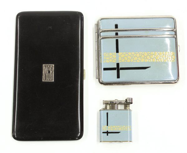 Art Deco Smoking Accessories: (lot of 3) Art Deco smoking accessories consisting of a German enameled cigarette case and lighter with modern abstract design; together with a cigarette case fronted with a marcasite monogram MCR, si