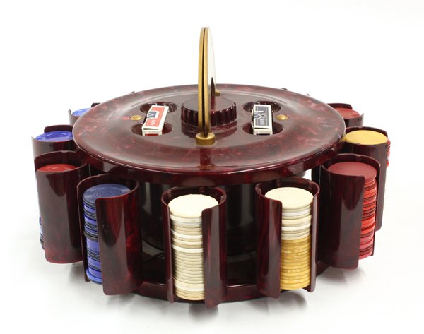 vintage poker set: Turnit Mfg. Co. red marbelized plastic poker caddy with two decks playing cards and chips