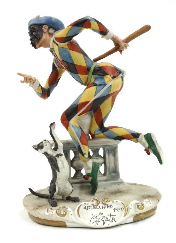 Capodimonte bisque harlquin: Capodimonte polchromed bisque figural ''Arlecchino'' 8.25''h Provenance: Nevada Art Museum deaccession
