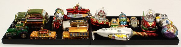 Radko ornaments: (lot of 37) Collection of Christmas tree ornaments including cars, buses, motorcycles, Betty Boop, Mickey Mouse, Spider Man, robots, some by Radko and Kurt S. Adler