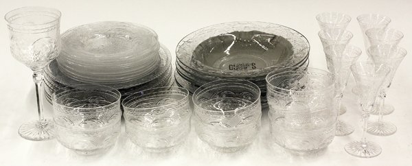 Crystal and Glass Table Articles: (lot of 39) Group of associated crystal and glass tableware including twelve bowls having floral motif retailed by Gumps, together with nine finger bowls and ten stands, seven apertifs and a wine