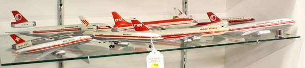 Model Airplanes: (lot of 7) Group of model airplanes including, Trans World, Balair, two Malaysian Airline System models, Martinair Holland, LTU, World Airways, longest: 11''h