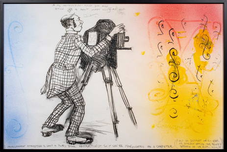 Work on paper, William T. Wiley: William T. Wiley (American, 1937-2021 ), "Photographer Attempting to Shoot a Poorly Done Abstraction...," mixed media on paper, signed, titled, and dated lower left to right, sight: 24.75"h x 37.5"w,