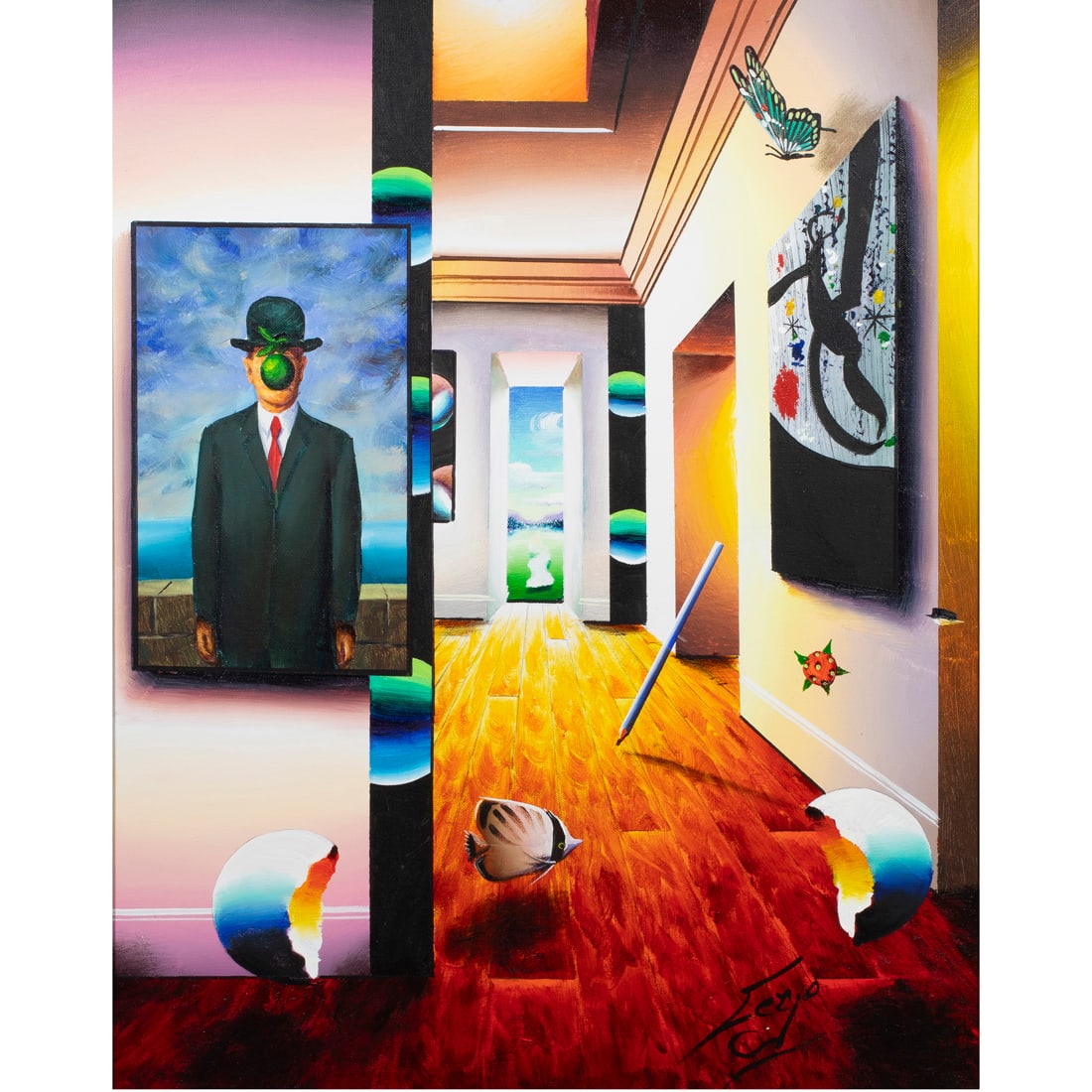 Painting, Fernando de Jesus (Ferjo): Fernando de Jesus (Ferjo) (Brazilian, b. 1946), Untitled (Homage to Magritte and Miro), oil on canvas, signed lower right, canvas: 30"h x 24"w, overall (with frame): 34.5"h x 28.75"w