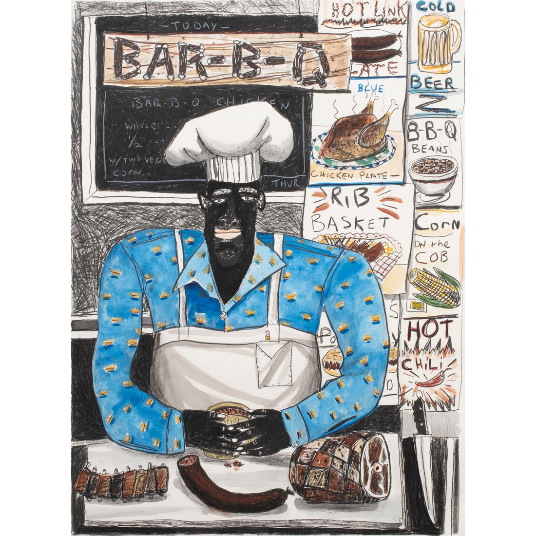 Print, David Bates: David Bates (American, b. 1952), "Bar-B-Q," 1984-85, hand-colored lithograph, pencil signed lower right, titled lower left, edition 8/50, gallery labels (Kurts Bingham, Memphis, TN, Charles Cowles, Ne