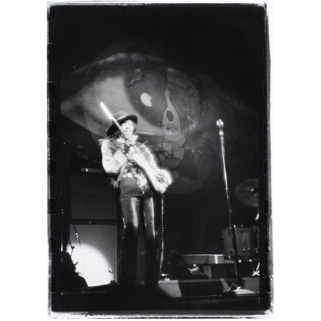 Photograph, Fred W. McDarrah: Fred W. McDarrah (American, 1926-2007), "Jimi Hendrix with Joshua Light Show...," 1968, gelatin silver print, inscribed lower margin, pen signed lower right, image: 13"h x 9"w, overall (with frame): 1
