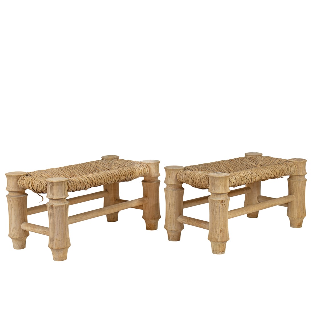 Michael Taylor (supplied), benches, pair: Michael Taylor (supplied), benches, pairUSA, circa 1985, bleached oak, natural fiber,18"h x 36"w x 18.75"d . Provenance: Property from the estate of internationally recognized textile artist and desig