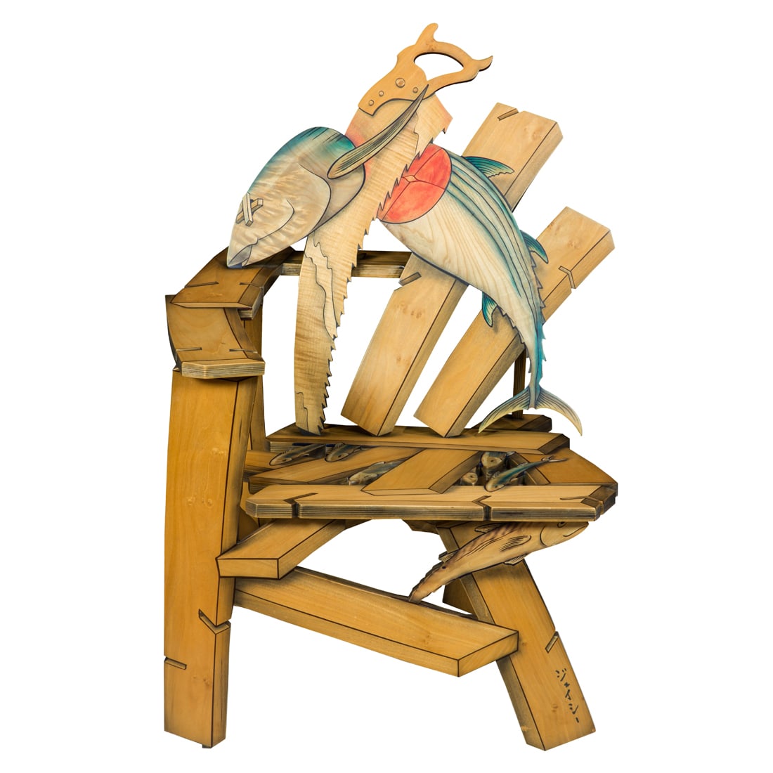 John Cederquist (b. 1946), Saw Shimi, art lounge chair: John Cederquist (b. 1946), Saw Shimi, art lounge chairfrom the "Conservation Series", California, 1991-2007, stained mixed wood, aniline dyes and epoxy resin, titled and signed, 41"d x 29"w x 29"d