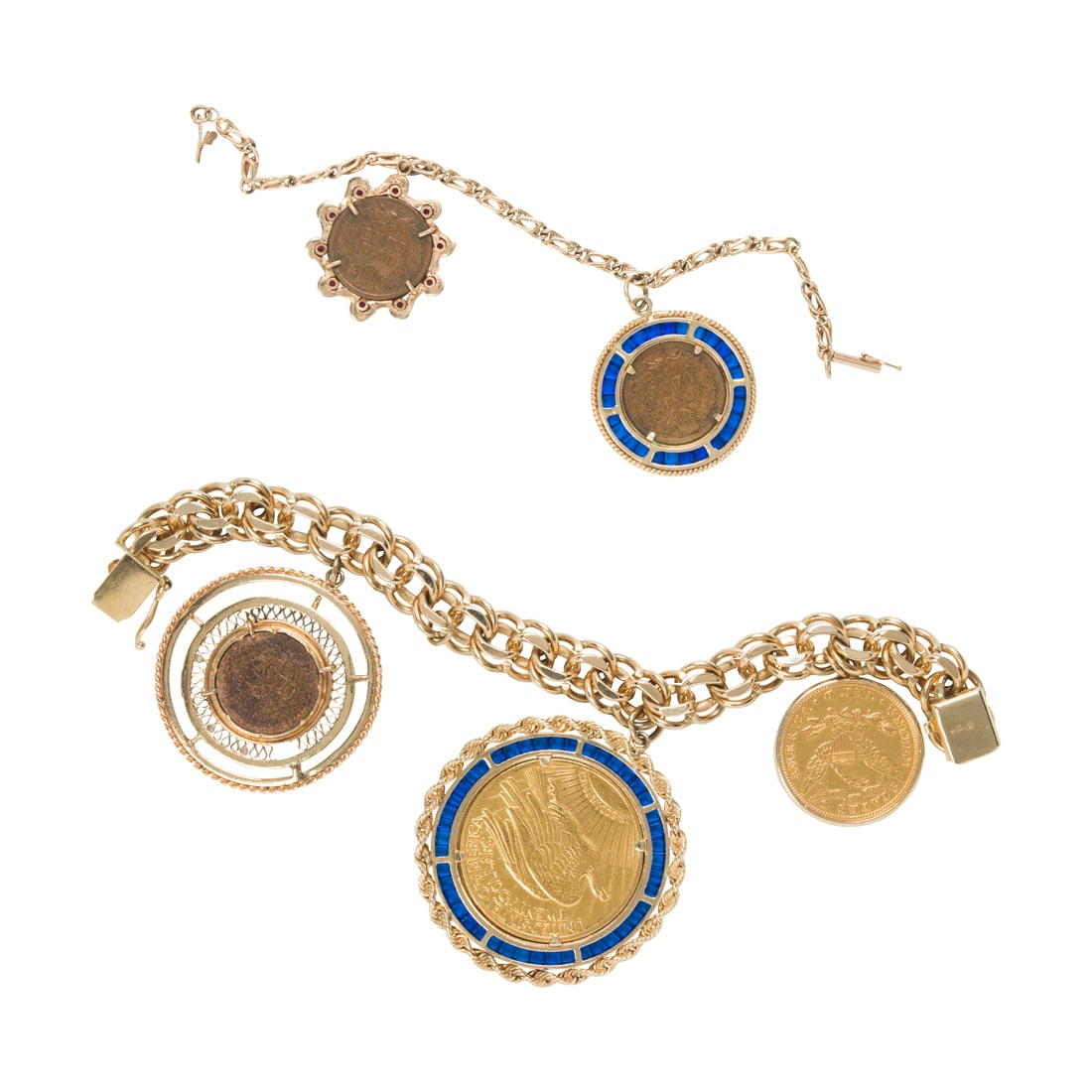 Two 14k gold charm bracelets: Two 14k gold charm braceletstogether suspending five charms, featuring a 1922 US $20 Walking Liberty gold coin, a 1894 US $10 gold coin, a 1864 US Indian Head Cent coin, and two 1907 US Indian Head Ce