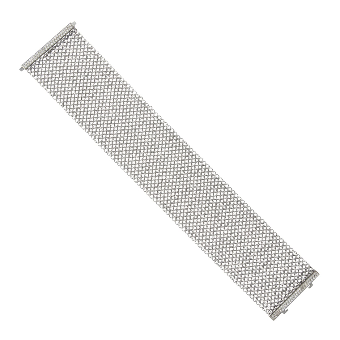 A diamond and platinum mesh bracelet, Christian Tse: A diamond and platinum mesh bracelet, Christian Tse the wide bracelet with bar clasp set with 98 round brilliant-cut diamonds; estimated total diamond weight: 0.75 carat; stamped Christian Tse; 21.02 