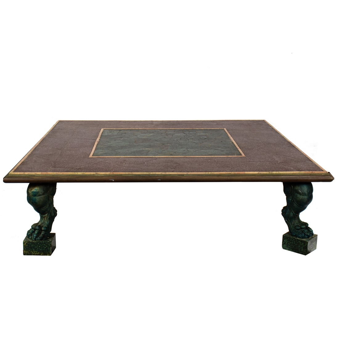 An Italian Neoclassical style porphyry, marble and patinated bronze low table (1 of 2)