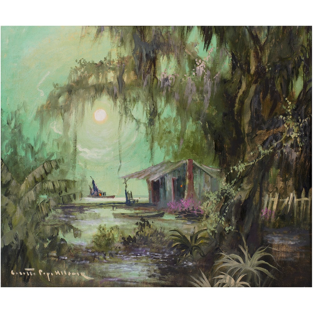 Painting, Collette Pope Heldner: Collette Pope Heldner (American, 1902-1990), "Swamp Idyl (Louisiana Bayou Country)," oil on canvasboard, signed lower left, signed and titled verso, board: 16"h x 20"w, overall (with frame): 20"h x 24