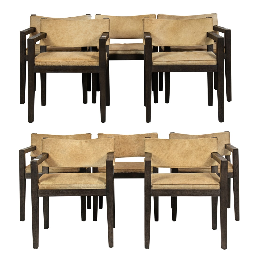A set of ten Restoration Hardware saddle hair on hide dining arm chairs (1 of 3)
