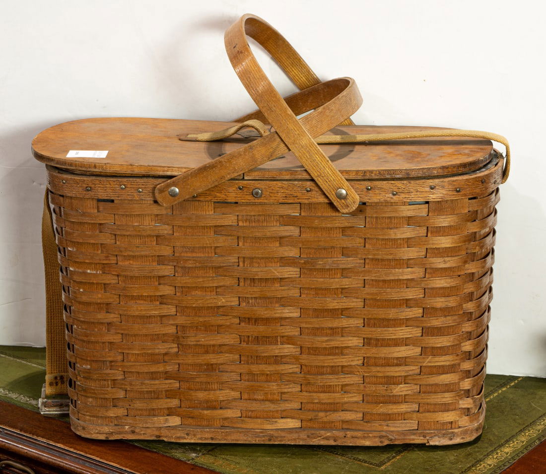 A vintage wicker picnic basket fitted with a metal liner 13"h x 22"w x 9 (1 of 2)