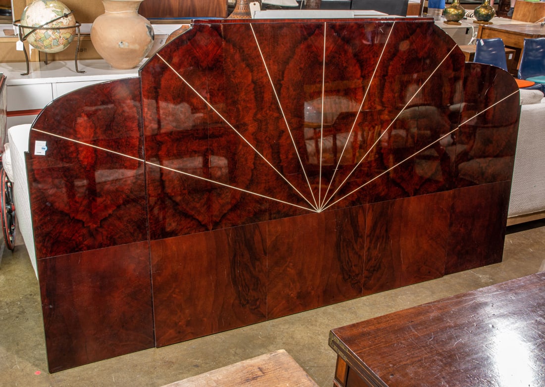 An Art Deco ebonized lacquered wood headboard with an inlaid fan design (1 of 1)
