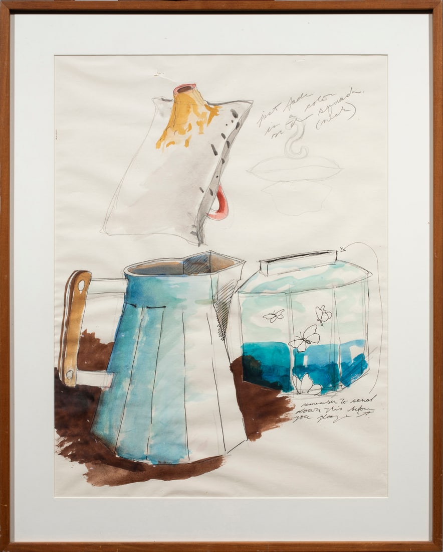 Watercolor, Richard Shaw: Richard Shaw (American, b. 1941), Untitled Study (Blue Jug with Notations on Ceramic Object), watercolor with graphite, unsigned, overall (with frame): 29"h x 23.25"w
