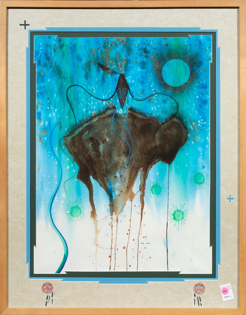 Watercolor, Kenneth T. White II: Kenneth T. White II (American, 20th century), "Heart of a Bufflo Chanting," watercolor, initialed lower right, signed and titled verso, overall (with frame): 34"h x 26.5"w