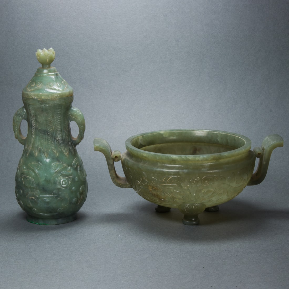 (lot of 2) Chinese celadon hardstone archaistic vessels (1 of 3)