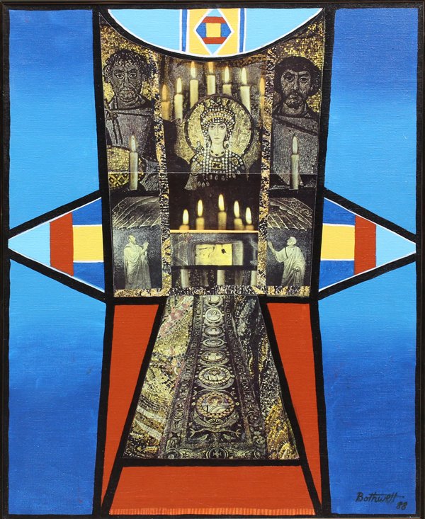 Painting, Dorr Bothwell, Byzantium: Framed acrylic and acrylic transfer on canvas, ''Southwest Portal to Byzantium'', 1988, by Dorr Bothwell (Californian, 1902-2000), signed and dated ''Bothwell '88'' lower right, bears artist label ver