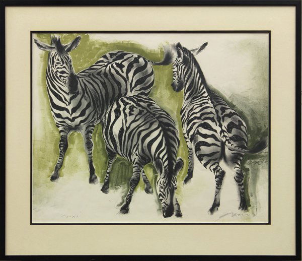 Lithograph, Hans Erni, Zebras: Framed lithograph, Zebras, by Hans Erni (Swiss, b.1909), signed indisctinctly lower right in pencil, sight: 17.5''h x 21.5''w, overall: 24''h x 27.25''w