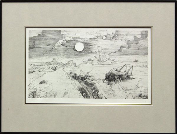 Etching, Philippe Mohlitz, Insects: Framed etching, Surreal Scene with Insects, 1971, by Philippe Mohlitz (French/American, b.1914), pencil signed and dated ''Mohlitz, 1974,'' pencil numbered edition of 50 lower left, plate: 10''h x 17.