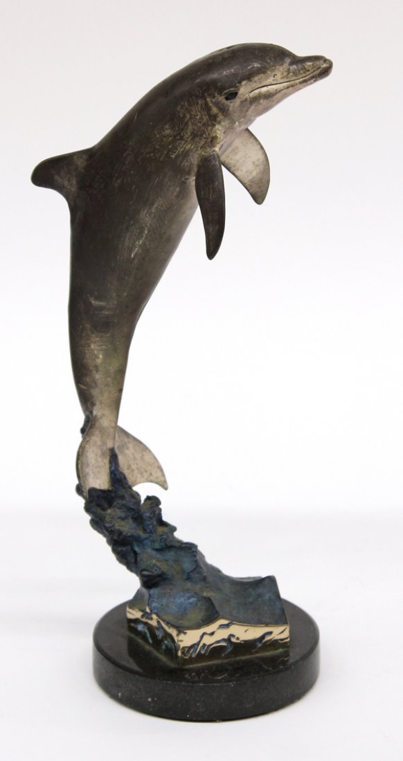 Bronze sculpture, Robert Wyland, Dolphin: Painted bronze sculpture, Dolphin, 1994, by Robert Wyland (Californian, b. 1956), signed and dated ''Wyland, 1994,'' numbered edition of 250, overall: 12''h