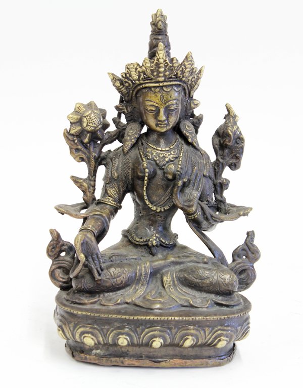 Nepalese Bronze Tara: Nepalese seated bronze figure of Tara, 20th century, with an elaborate diadem framing the contemplative face, the ornately adorned bodhisattva seated on lotus throne in vajrasana and flanked by lotus 