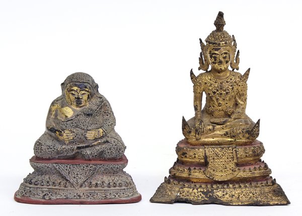Thai Gilt Bronze Buddha: (lot of 2) Thai gilt bronze Buddhist figures, 19th century, figures each seated on tiered pedestals, some damages, 17''h; Provenance: The Hemphill Collection of San Francisco